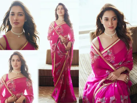 Milky beauty Tamanna Bhatia shines bright in a pink saree photos