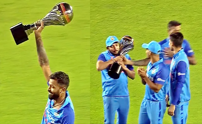Hardik Pandya Hand-Over Trophy To-Prithvi Shaw Winning T20-Series Viral - Sakshi