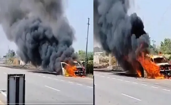 Car Catches Fire On Road At Medak highway burning