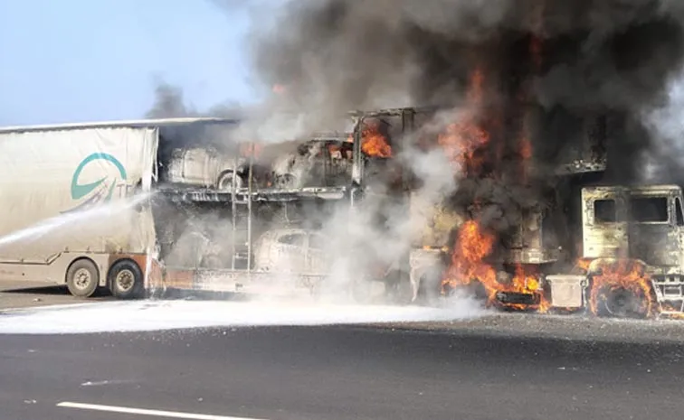 Lorry Container Fire Accident At Zaheerabad Highway