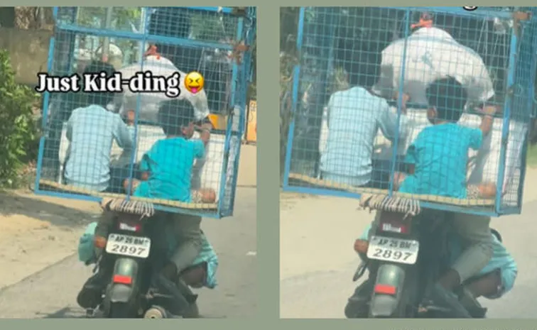 Dad turns poultry crate into bike seat for kids video viral