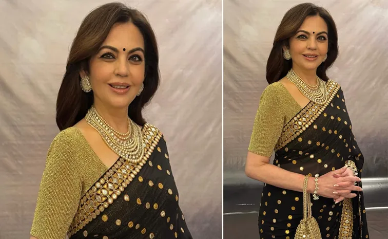 degigners Abu Jani Sandeep Khosla Store Launch Nita Ambani Wore Mirror-Work Black Saree