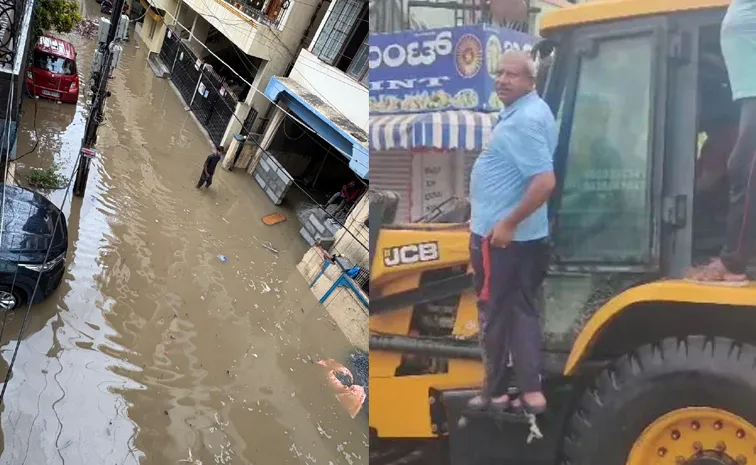 Bengalur Heavy Rain MLA Visits Affected Area On Bulldozer