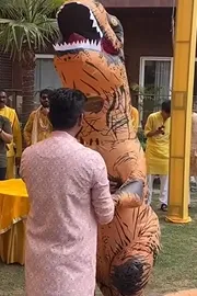 haldi ceremony Bride to be enters dressed as dinosaur viral video1
