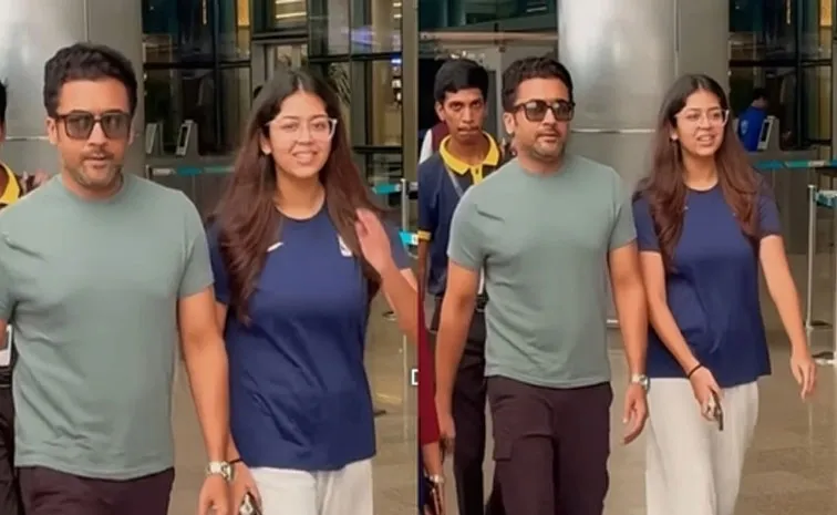 Actor Suriya in Hyderabad with daughter Diya for Venky Atluri Film
