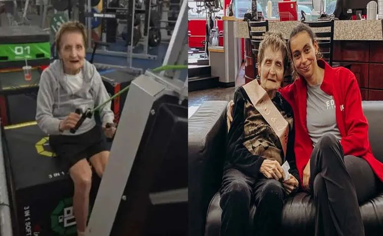 100 year old Mary Coroneos celebrates birthday by weightlifting at gym.