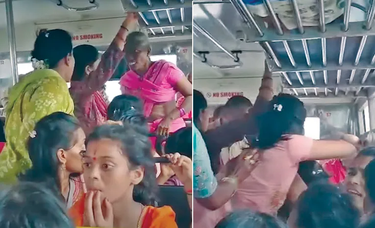 Vijayawada Womens Fight In Free Bus