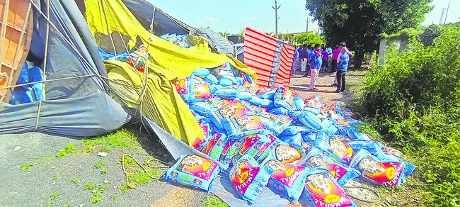 హైవే మార్జిన్‌లోకి దూసుకెళ్లిన లారీ 