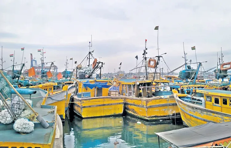 Boats confined to the harbor at Visakhapatnam Fishing Harbor