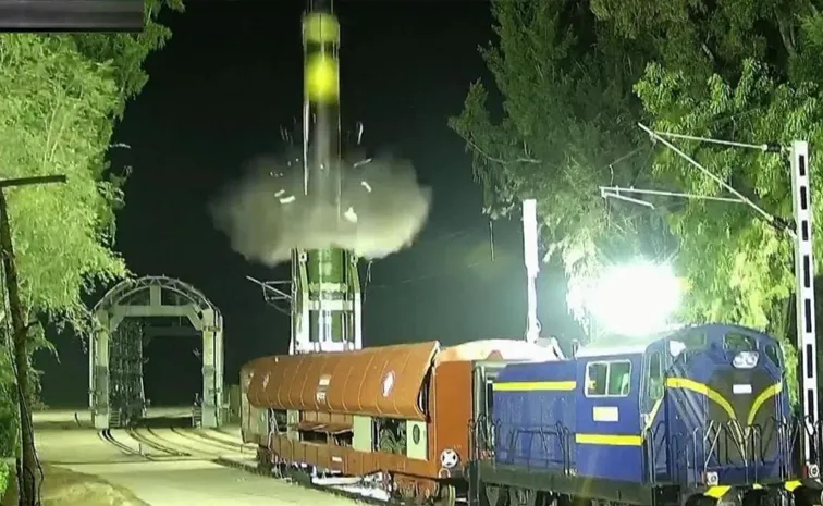 Intermediate Range Agni Prime Missile from a rail based Mobile launcher system