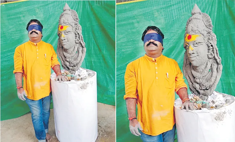 Making the idol of Goddess Bhavani while blindfolded