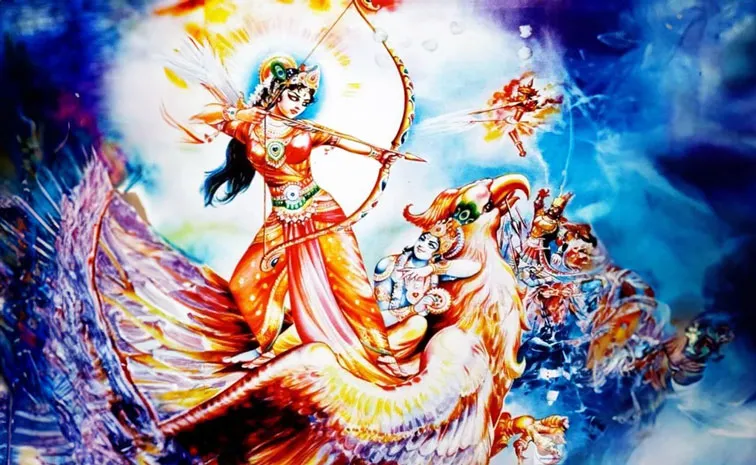 Lord Krishna and Satyabhama victory over the demon Narakasura