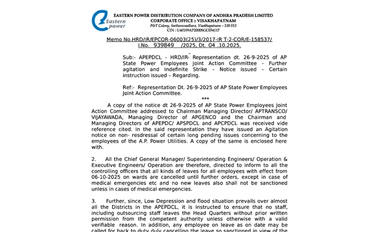 Cancellation of holidays for electricity employees