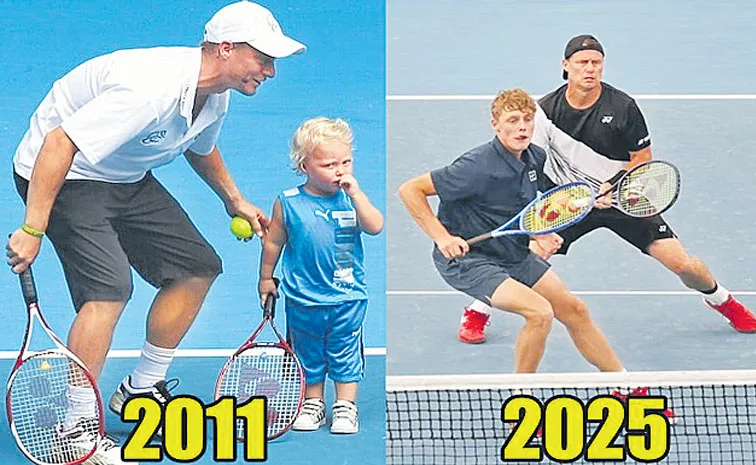 Lleyton Hewitt playing tennis with his son