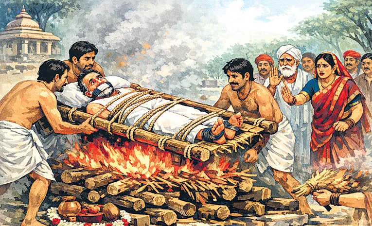 students perform funeral practice for guru