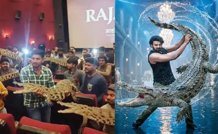 Fans with Crocodiles at Prabhas The Raja Saab Movie Theater