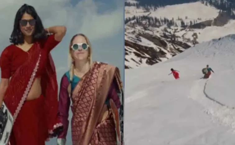 2 Saree-Clad Women Snowboarding In Kashmir 3