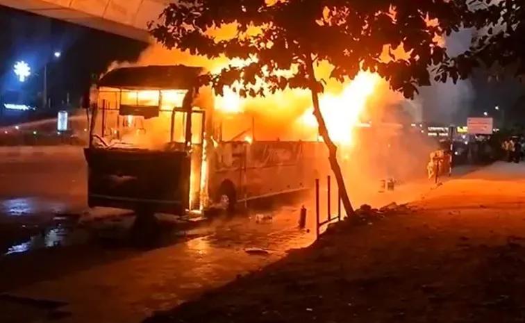 Massive Fire Engulfs Private Bus in Hyderabad Kukatpally