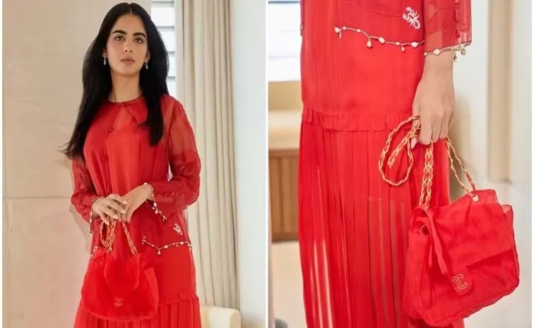 Isha Ambani wears a red Chanel dress and bag Rihanna at Antilia