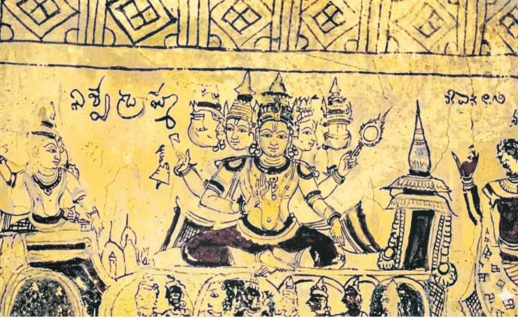 Hundreds of years old paintings on the ceiling of the Kolanupaka temple
