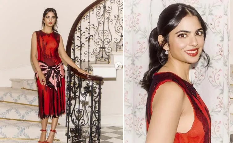 Isha Ambani in vibrant red dress paired with mom Nita Ambanis jewels 