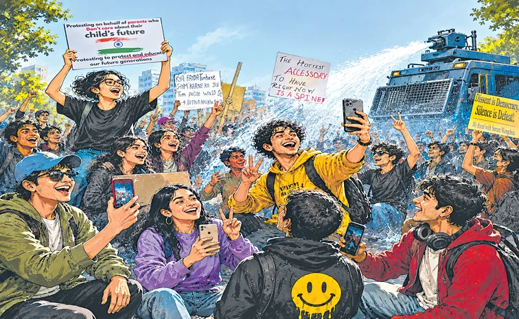 ప్లకార్డ్‌లో పంచ్‌లైన్‌... నిరసనలో రీల్‌ వైబ్‌ 