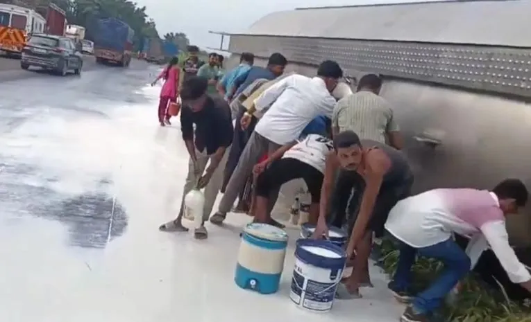 పాలు.. నేలపాలు.. బకెట్లతో ఎగబడిన జనం!