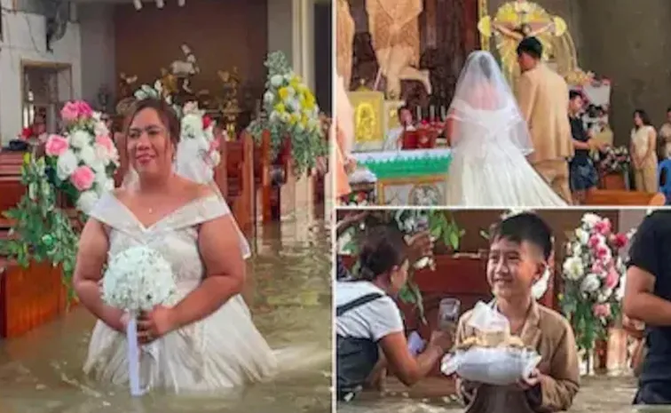 With Gown And Coat Soaked Couple Marries In Flooded Church 