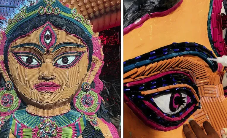 13 వేల పెన్నులతో దుర్గామాత.. జనం క్యూ!
