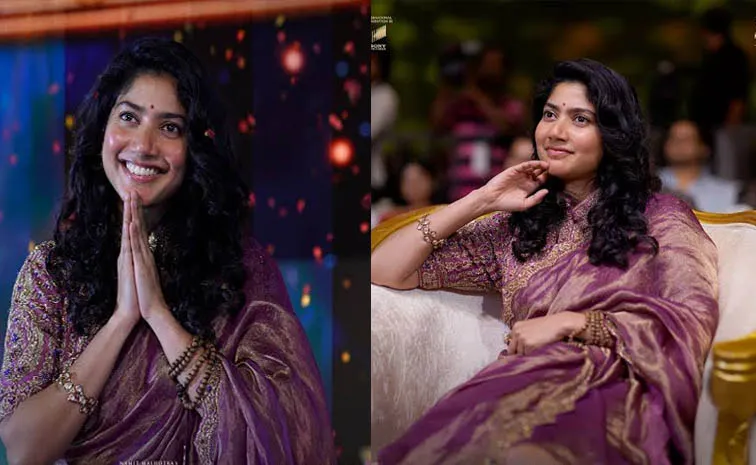 pre release event of Ramayana in Hyderabad Sai Pallavi wore purple silk saree