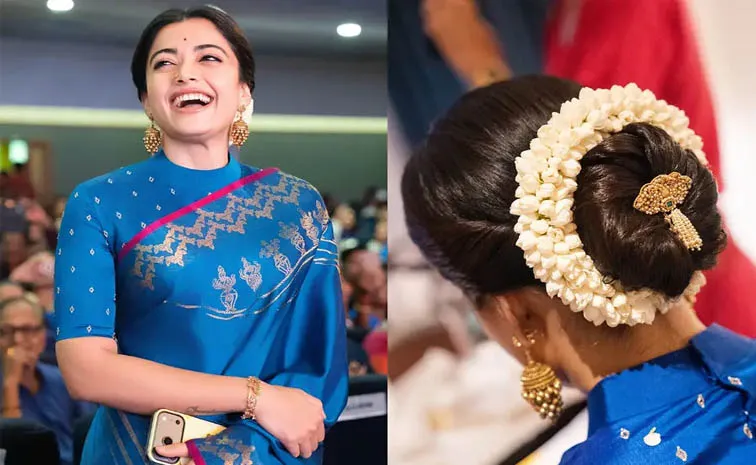 Rashmika Mandannas MS Blue Sari Stunning Look