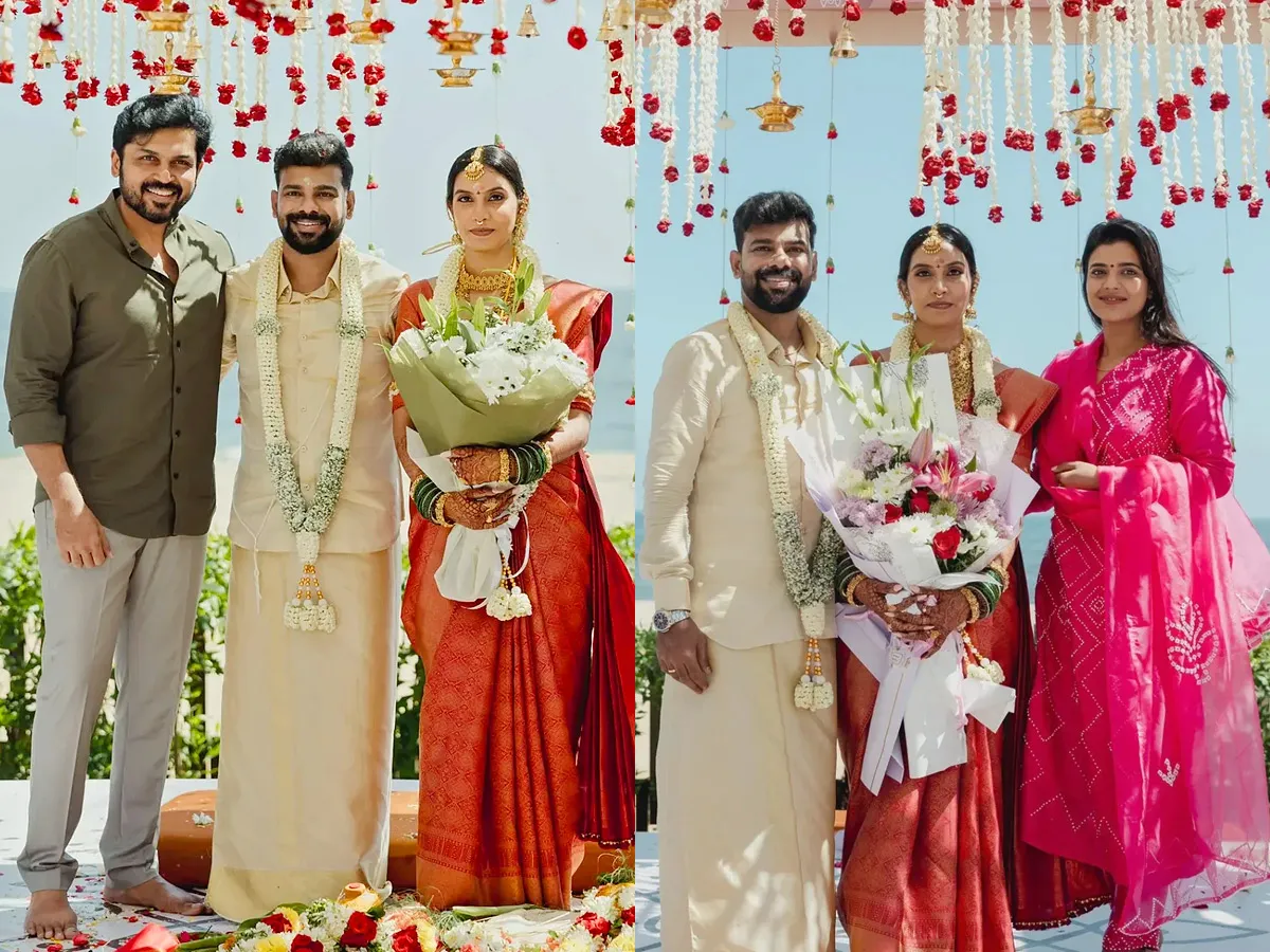 Hero karthi Attends cinematographer Thamizhazhagan Beach Style Wedding Photos